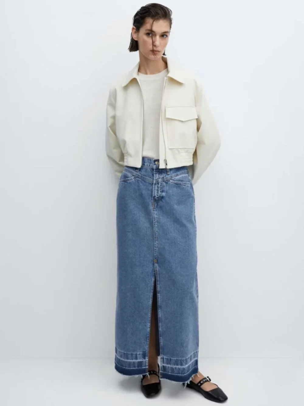 MNG Blue Denim Maxi Skirt Size L Front Slit Open Hem Cotton Size L